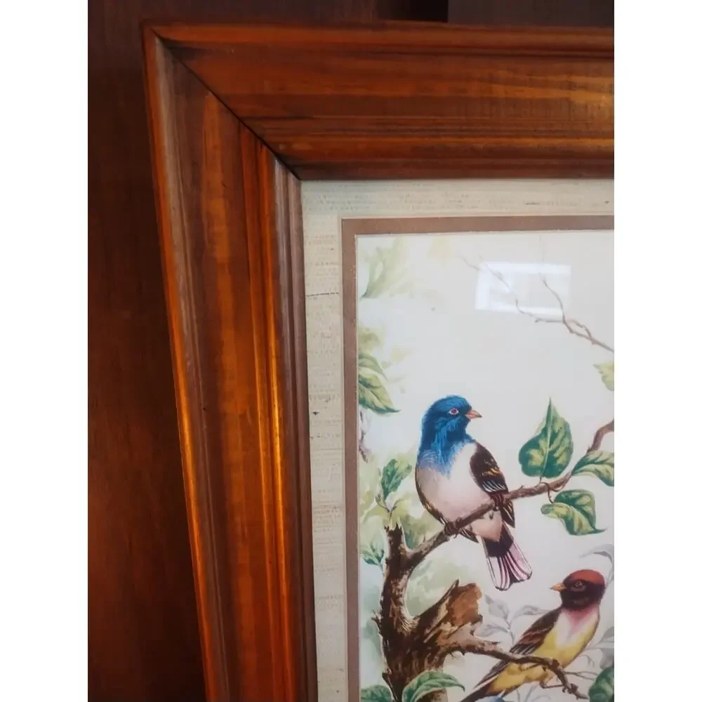 Vintage Art Framed Picture Painting Print Birds Tree Decorative Wood Frame & Mat